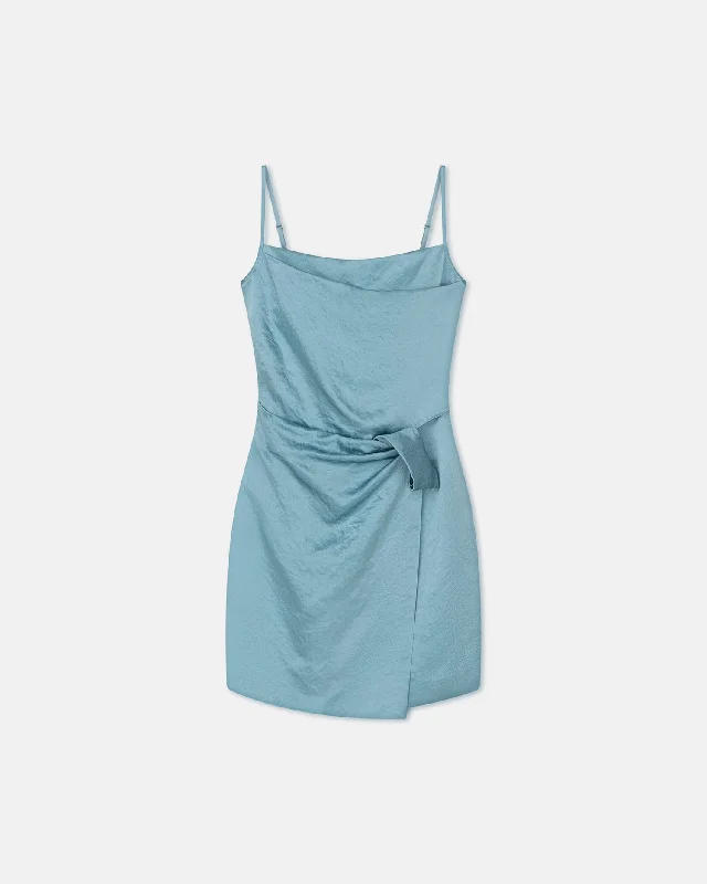 affordable mini dresses for club -Eteline - Ruched Crinkled-Satin Mini Dress - Aqua