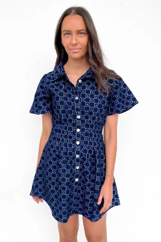 mini dresses with chic trim -Nyah Denim Mini Dress Blue