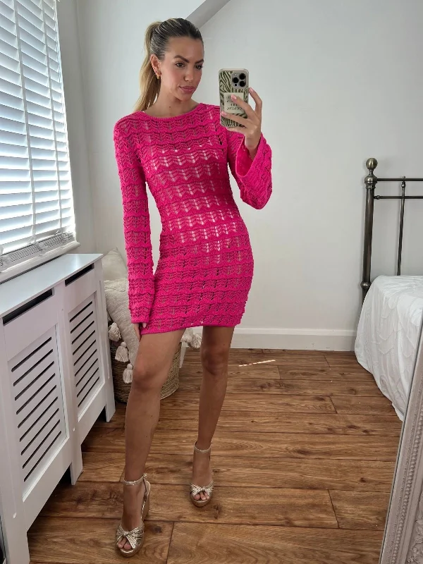 black mini dresses for warmth -Ocean Long Sleeve Lace Back Mini dress / Pink