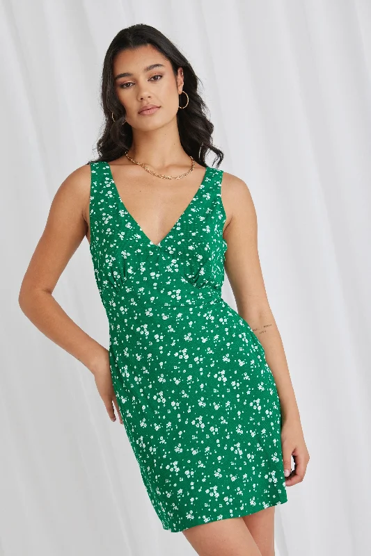 retro mini dresses for women -Orion Green Ditsy Slim Fit Mini Dress