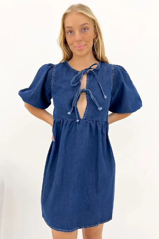 affordable mini dresses for club -Otto Denim Mini Dress Dark Blue