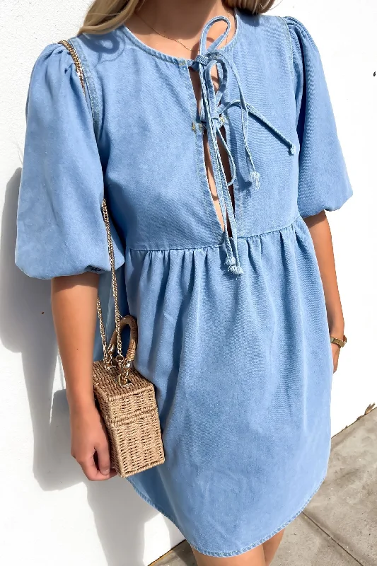 boho mini dresses for warmth -Otto Denim Mini Dress Light Blue