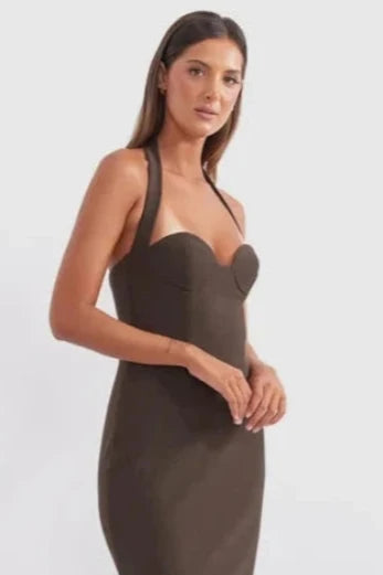 cute mini dresses for dates -Socialite Halter Mini Dress Coffee