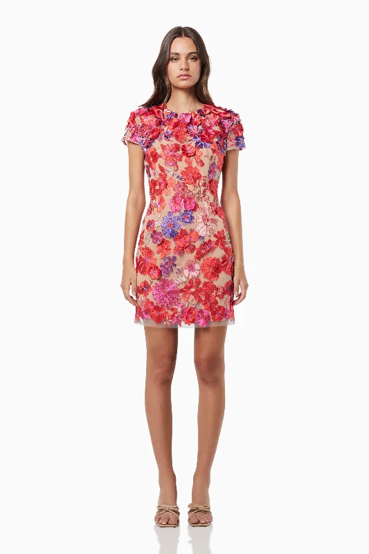 mini dresses with floral trim -Performance 3D Floral Mini Dress