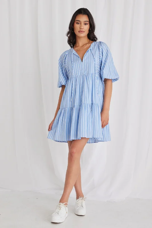 sexy mini dresses for spring -Provocation Blue Stripe Frill Hem Half Sleeve Smock Mini Dress