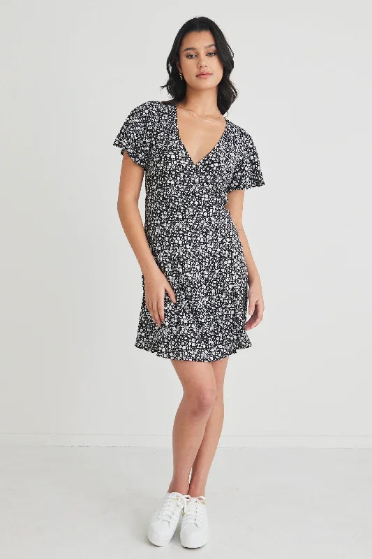 mini dresses with floral stripes -Royals Black Ditsy Ss Wrap Mini Dress