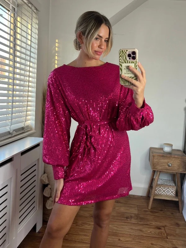 sexy mini dresses for dates -Skylar Balloon Sleeve Mini Dress / Hot Pink