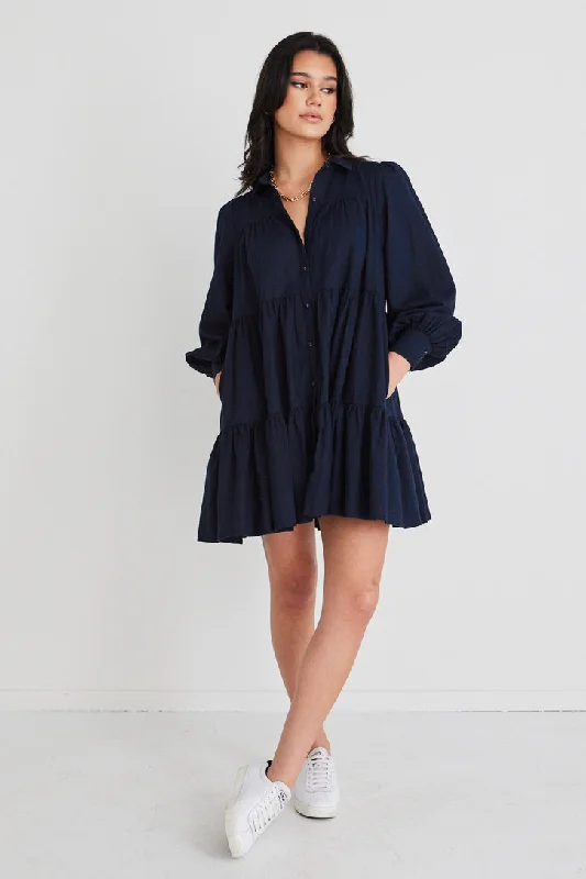 affordable mini dresses for nights -Valley Navy Linen Blend Shirt Style Tiered Mini Dress