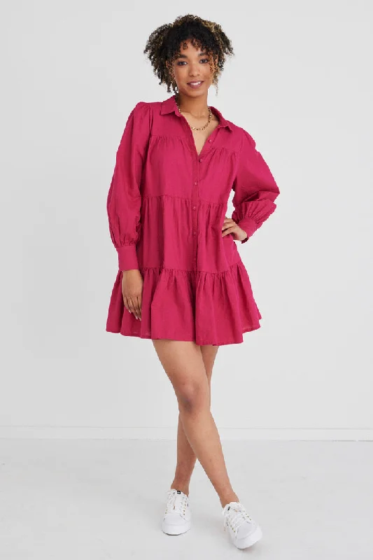 casual mini dresses for spring -Valley Raspberry Ls Shirt Style Tiered Mini Dress