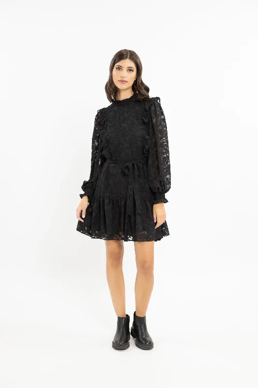 trendy mini dresses for women -Wondrous Black Burnout Chiffon LS Mini Dress