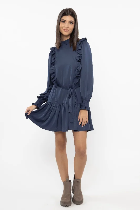 budget mini dresses for fall -Wonderous Navy Satin LS Mini Dress